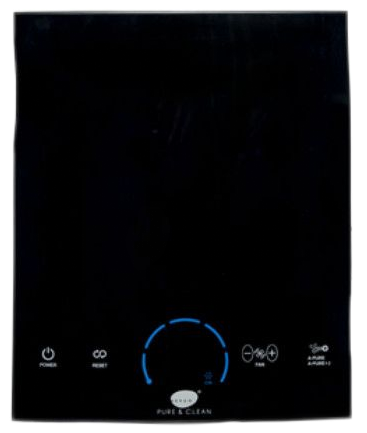 Black dishwasher control panel with blue-lit center dial and white icons on the bottom