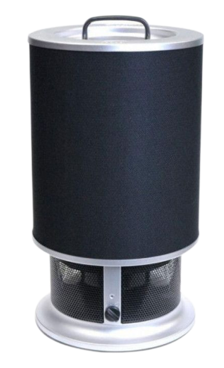 Black cylindrical appliance with silver top and base, featuring a handle and mesh vent opening