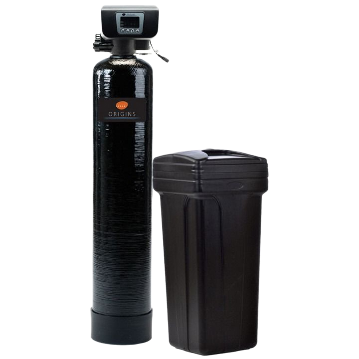 Black water softener tank with control head beside a brown lidded container on white background