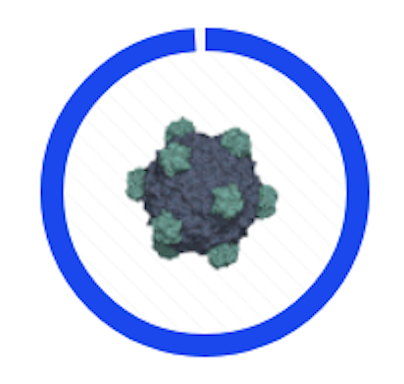 Blue circular ring around a green and dark gray virus-like icon on a white background