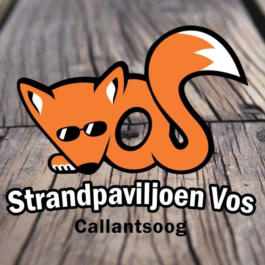 Orange fox logo with sunglasses and tail above “Strandpaviljoen Vos” and “Callantsoog” text