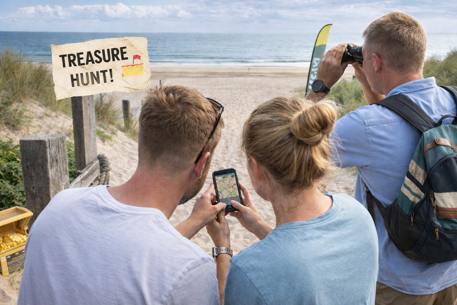 Twee mensen houden een telefoon vast op een strand, met een bordje 