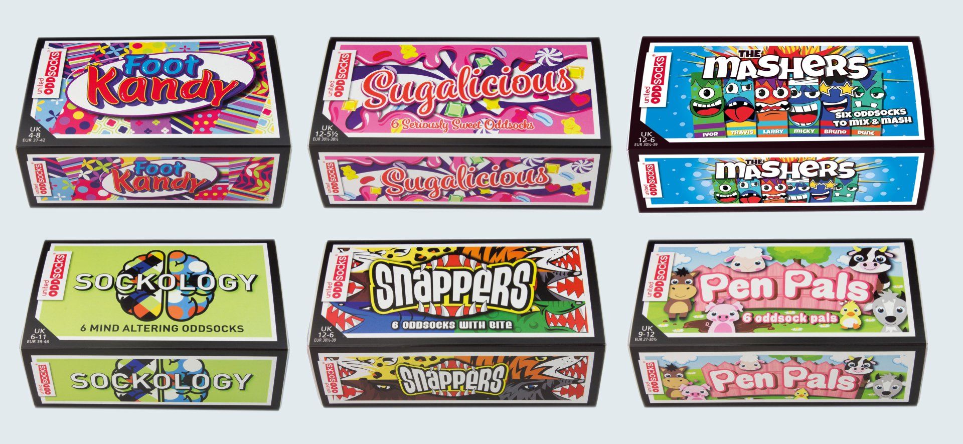 Various box packaging for United Oddsocks