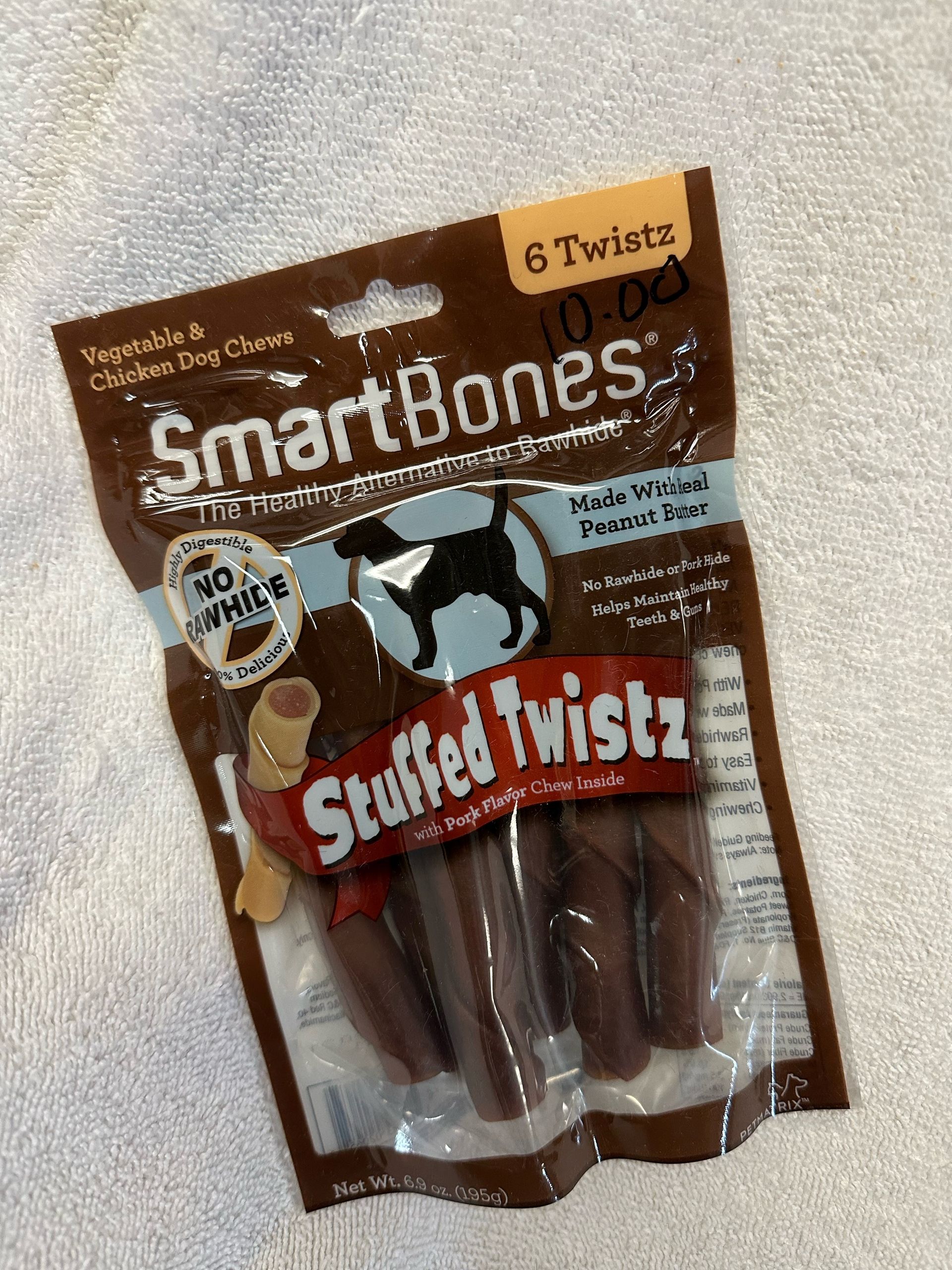 A bag of smart bones stuffed twistz dog treats