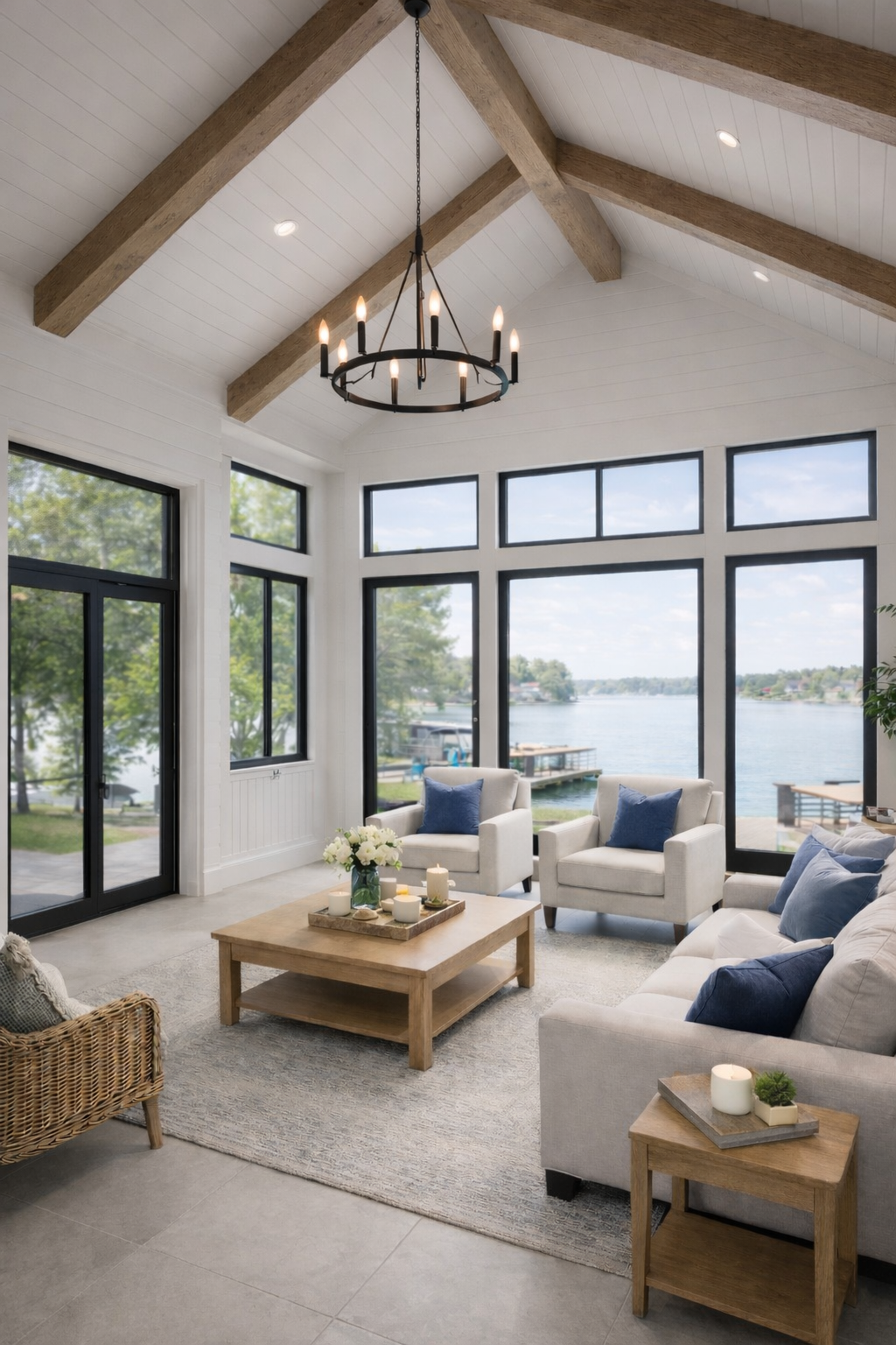 Bright living room with vaulted ceiling, large windows overlooking water, furnished with beige sofa, chairs, and wood table.