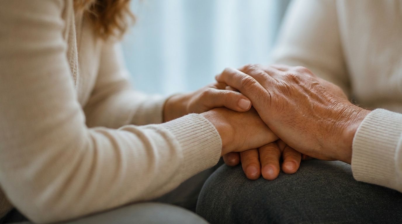 Two people holding hands in comfort
