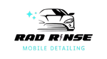 Logo: Black car outline with teal sparkles, "RAD RINSE" in bold black, "MOBILE DETAILING" in teal.