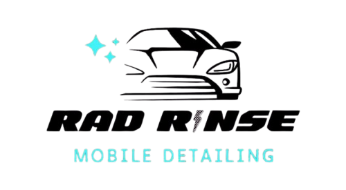 Logo: Black car outline with teal sparkles, "RAD RINSE" in bold black, "MOBILE DETAILING" in teal.