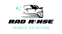 Logo: Black car outline with teal sparkles, "RAD RINSE" in bold black, "MOBILE DETAILING" in teal.