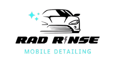 Logo: Black car outline with teal sparkles, "RAD RINSE" in bold black, "MOBILE DETAILING" in teal.
