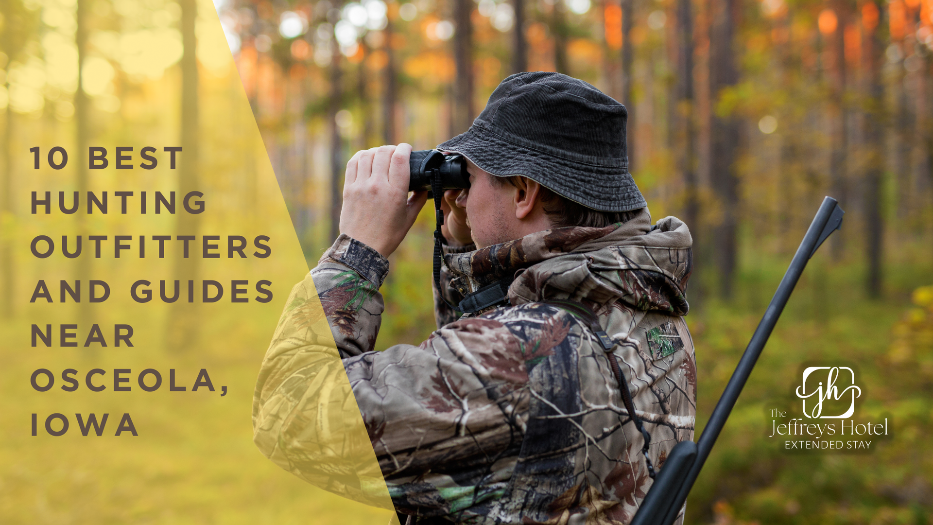 Man in camo hat and jacket using binoculars while hunting in Osceola, Iowa. Text: 10 Best Hunting Outfitters.