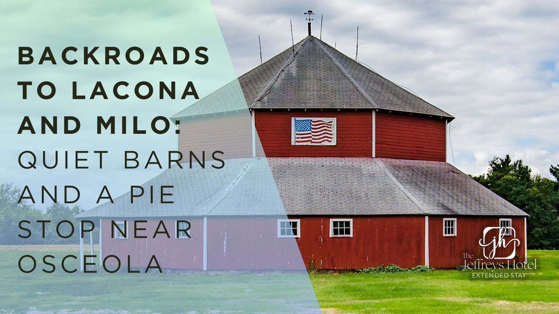 Red round barn with an American flag; text