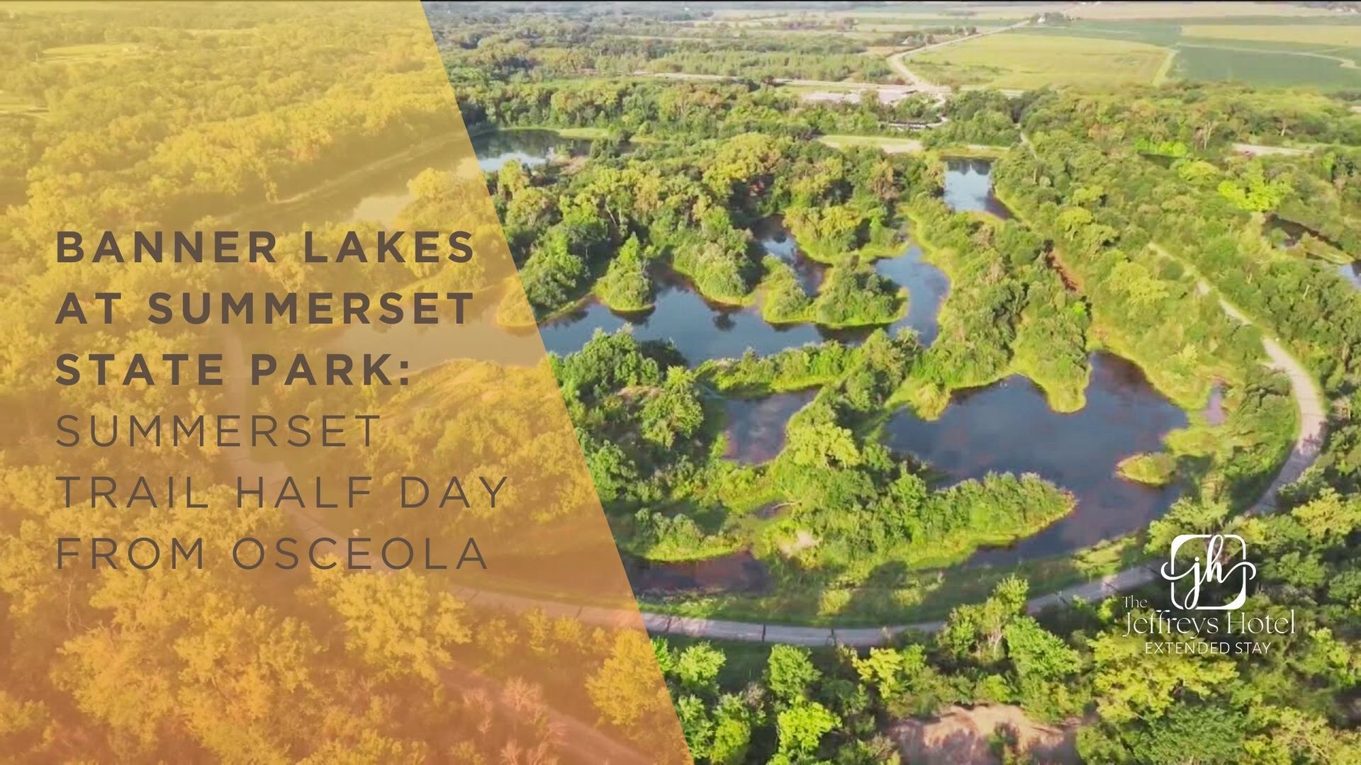 Aerial view of Banner Lakes at Summerset State Park. Green trees, blue lakes, and a trail from Osceola.
