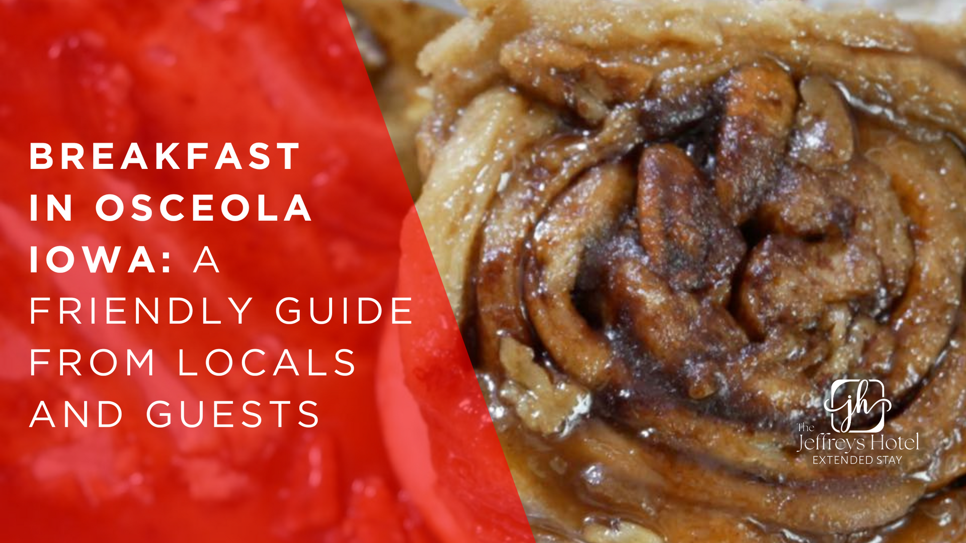 Breakfast in Osceola, Iowa guide cover. Cinnamon roll on the right, text on the left.