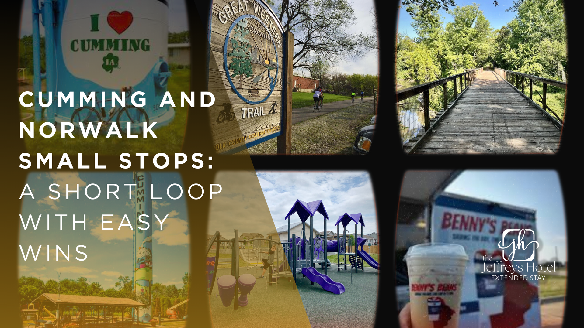 Collage of Cumming and Norwalk scenes: sign, trail, bridge, playground, coffee, and park.