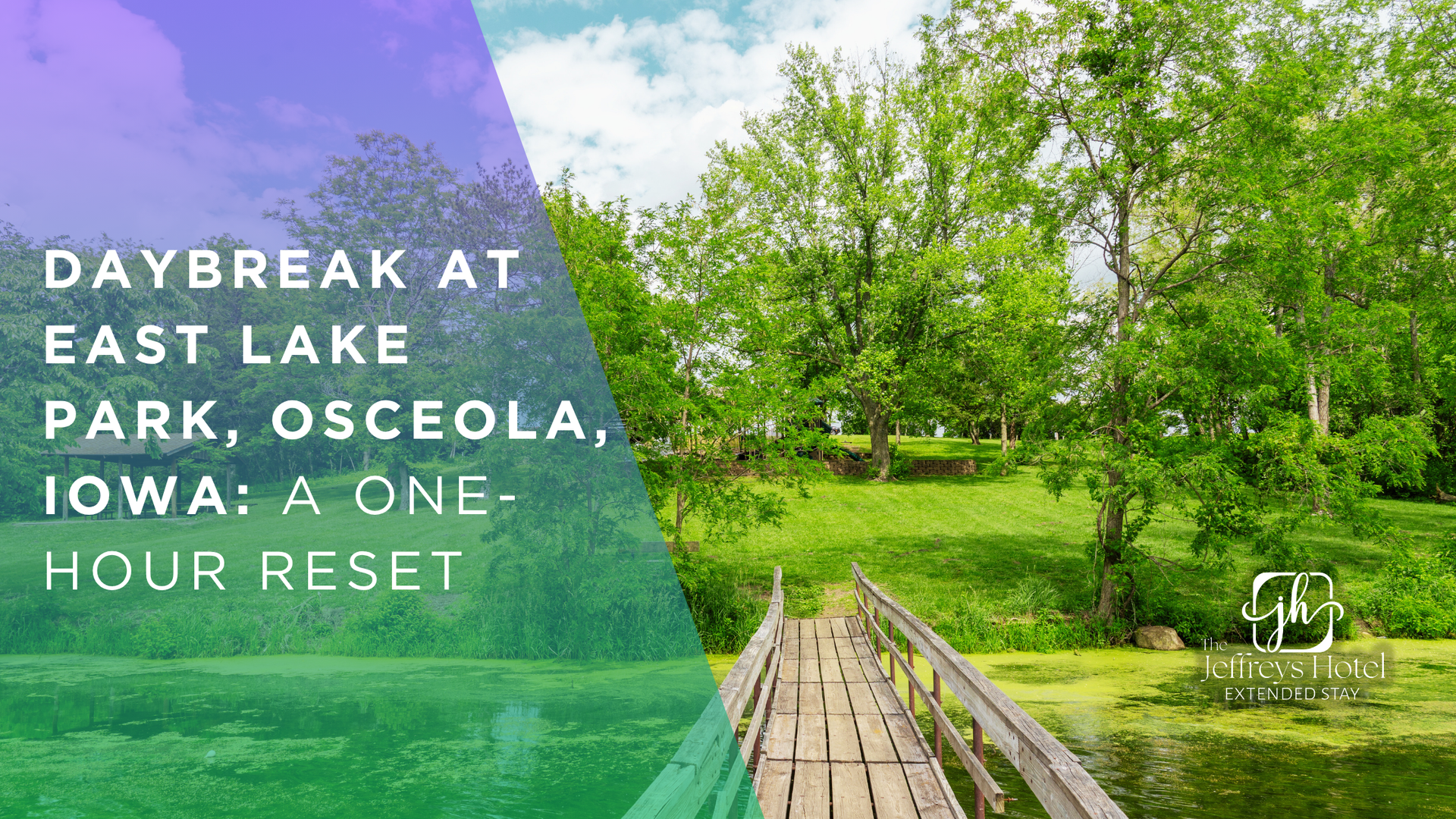 Wooden bridge over a green lake at East Lake Park in Osceola, Iowa, with lush green trees.