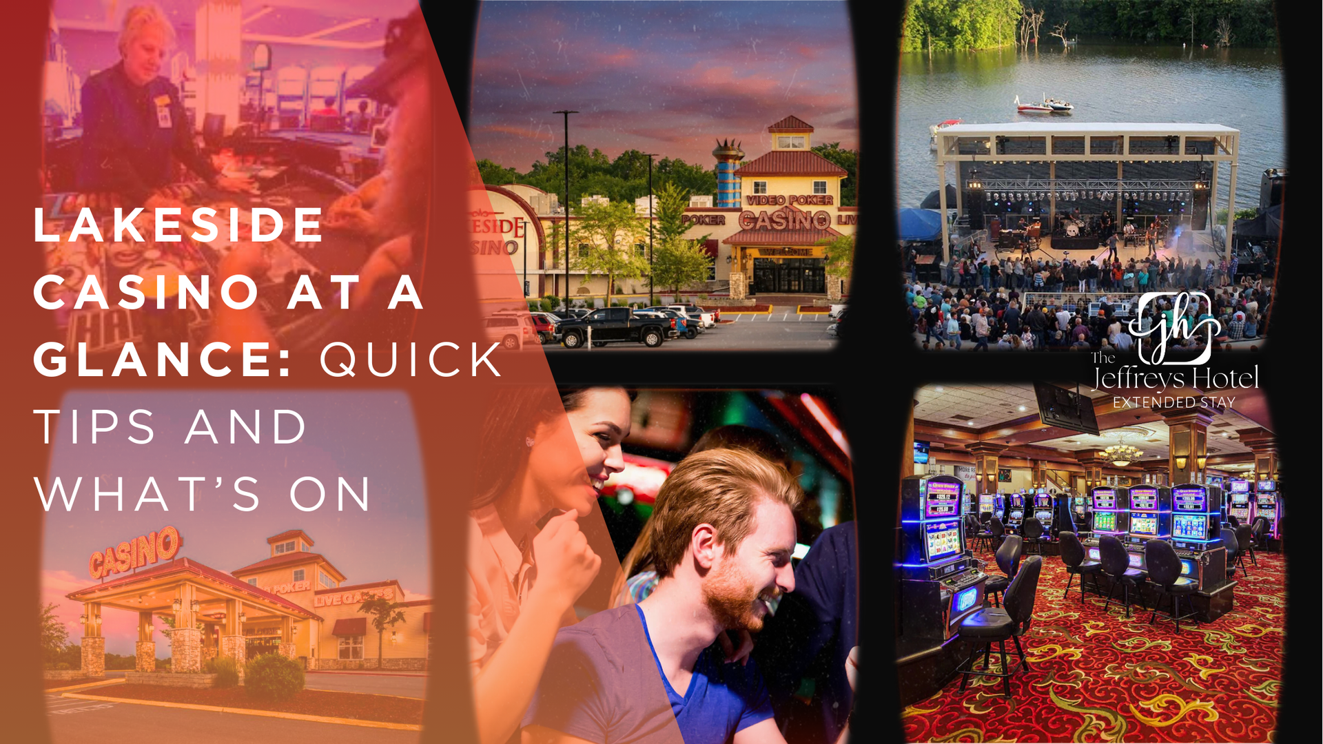 Promotional graphic for Lakeside Casino: exterior, performance venue, casino floor, guests; warm colors.