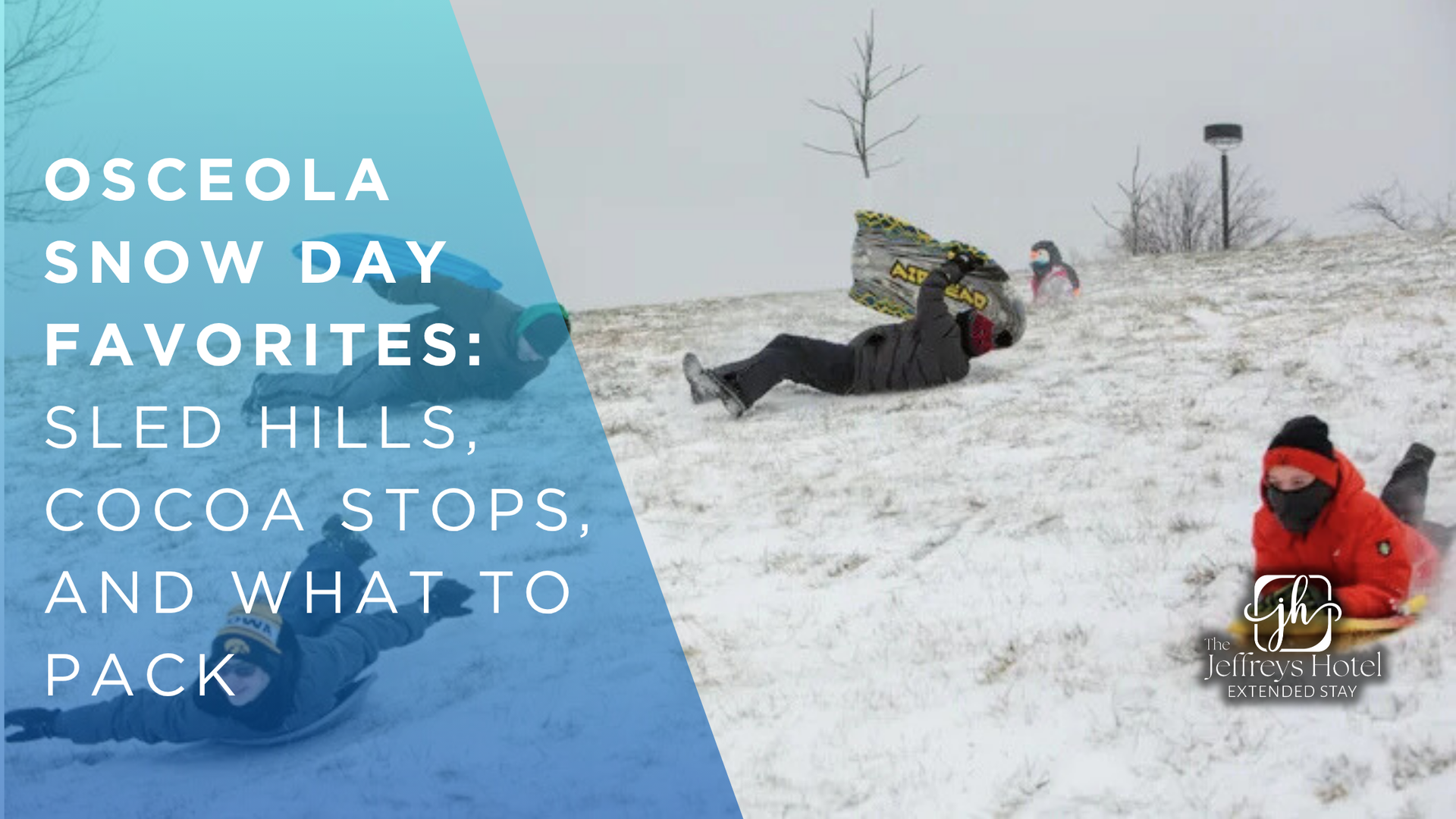 People sledding down snowy hills, text overlay