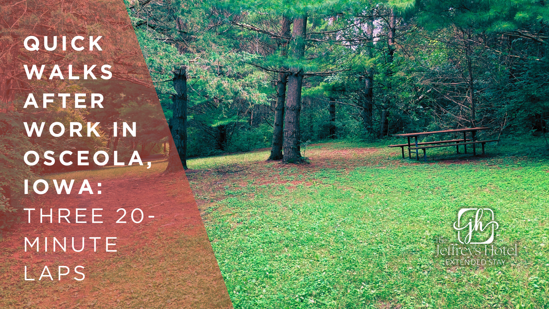 Grassy park scene with picnic table, trees, and text: