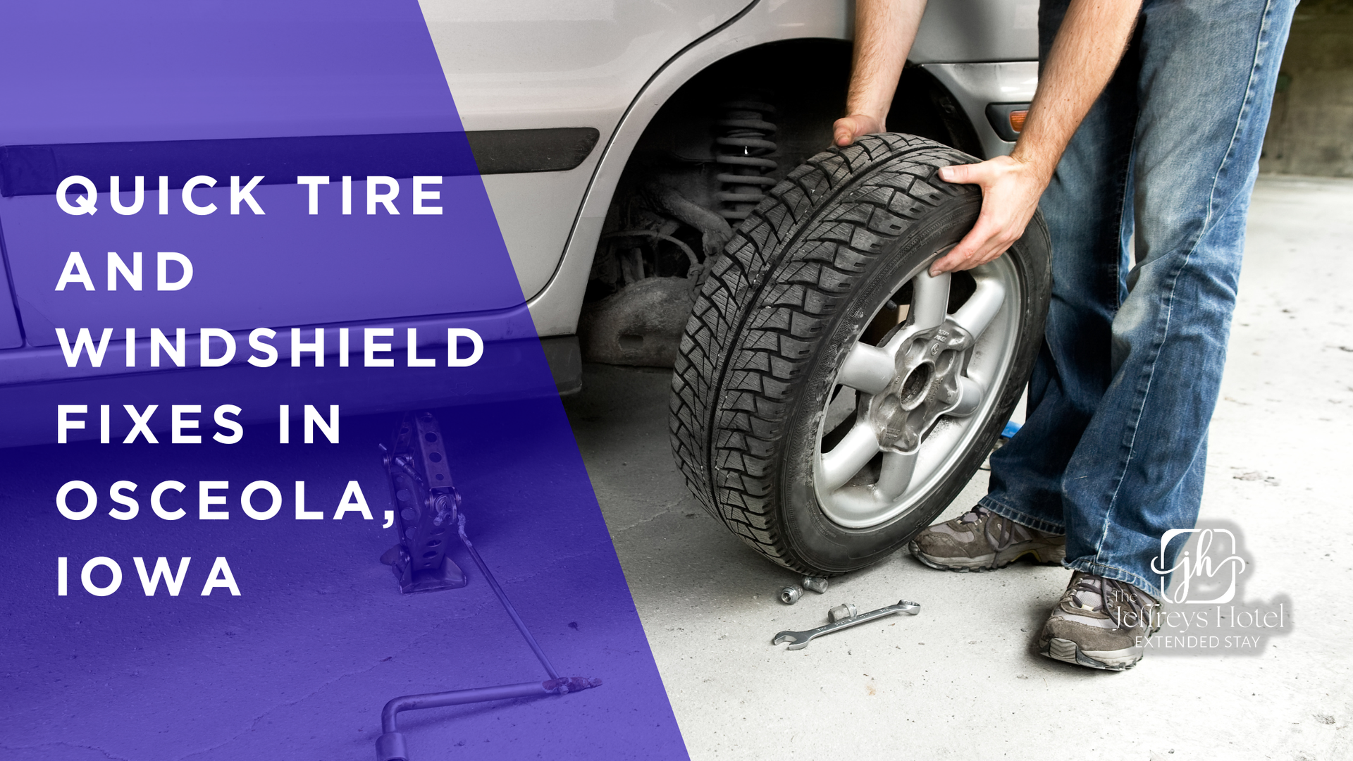 Person changing a car tire. Text reads