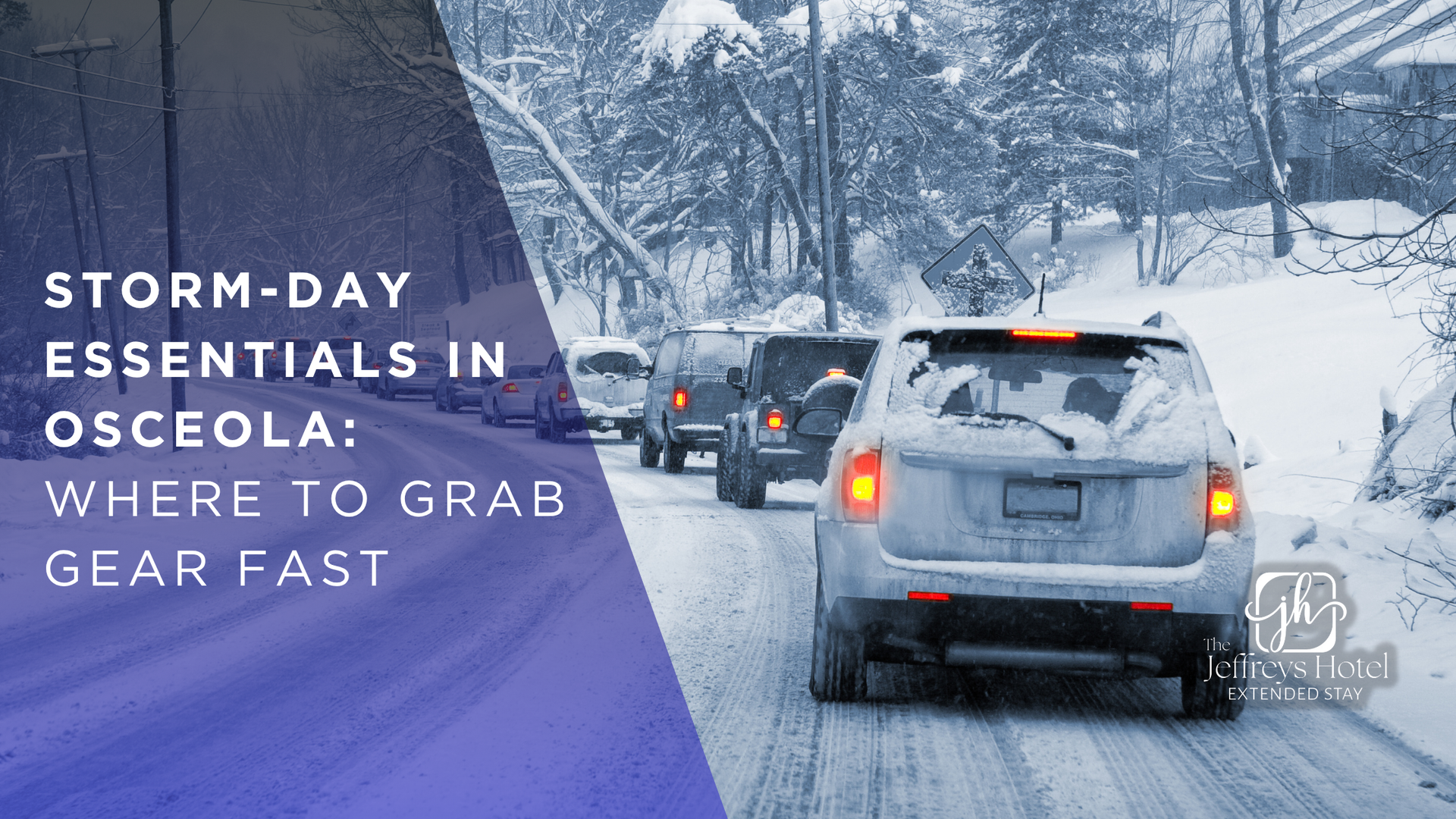 Cars driving in snowy conditions with text: 