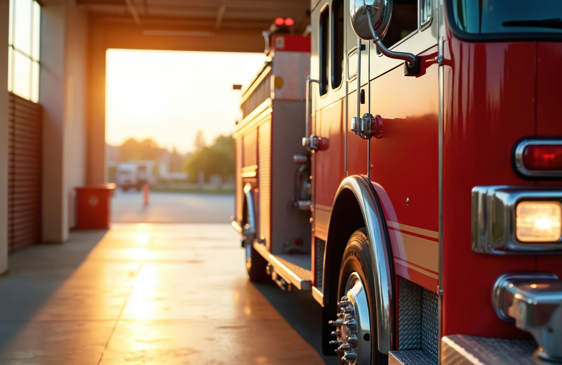 fire engine parked inside a fire station with the garage door open