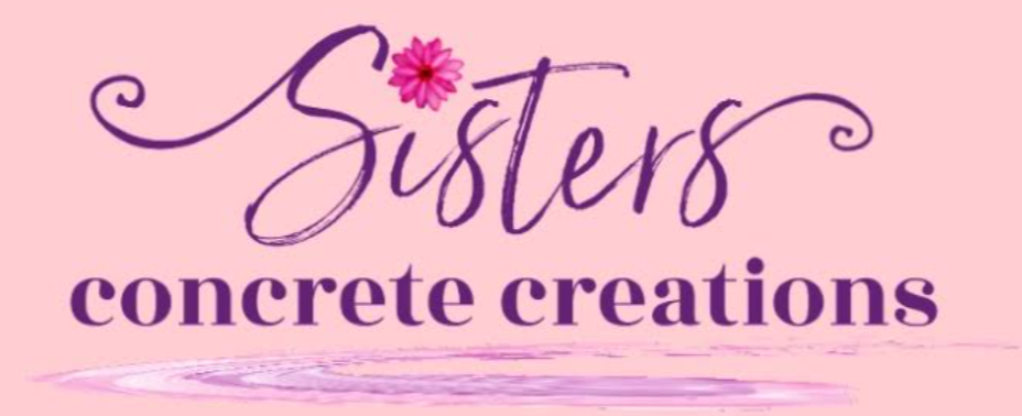 Logo reading “Sisters concrete creations” in purple script on a pink background.
