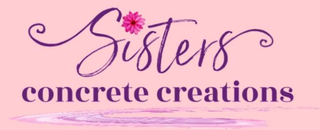 Logo reading “Sisters concrete creations” in purple script on a pink background.