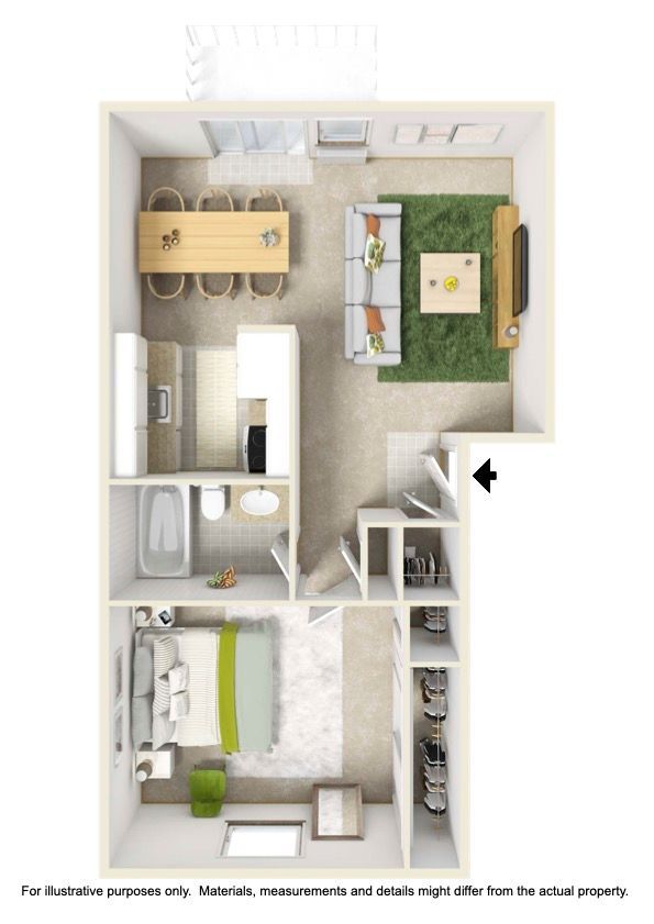 A 3d floor plan of a small apartment with a bedroom , living room , dining room , and bathroom.