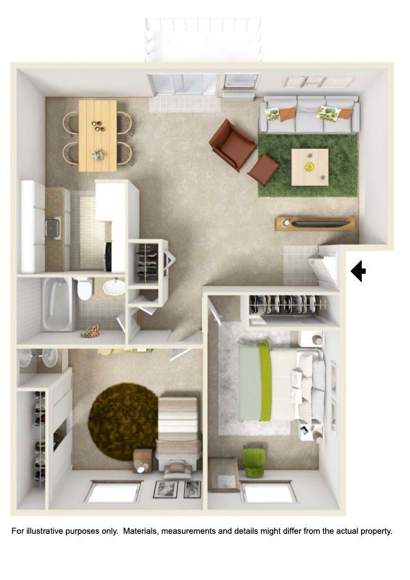 A 3d floor plan of a small apartment with a bedroom , living room , dining room , and bathroom.