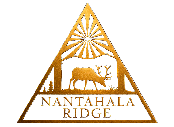 Golden Nantahala Ridge logo with triangle, sunburst, deer, and river scene