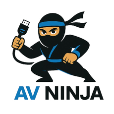 A cartoon ninja in black and blue gear crouching and holding a black AV cable, with the text "AV NINJA" below.