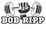 A logo for bob ripp fitness with a hand holding a barbell.