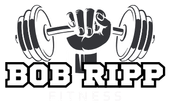 A logo for bob ripp fitness with a hand holding a barbell.