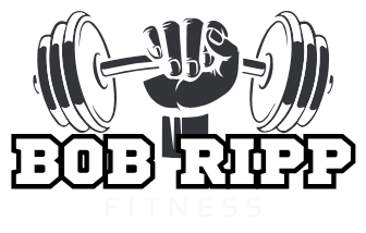 A logo for bob ripp fitness with a hand holding a barbell.