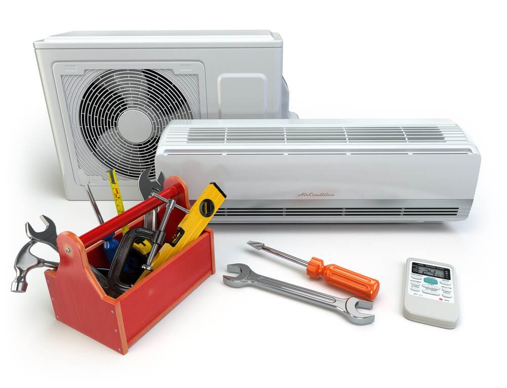 Air Conditioner, Fan, Toolbox, and Remote on White Background — DMC Electrical & Air Cooling Pty Ltd in Townsville City, QLD