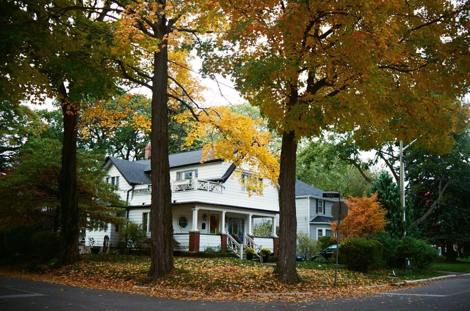 A white two-story home framed by trees with colorful fall foliage in autumn
