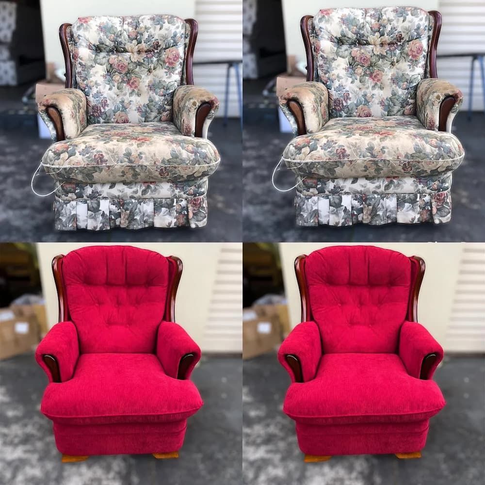 A Collage of Four Pictures of Chairs One of Which Is Red — Metreson Upholstery In Unanderra, NSW