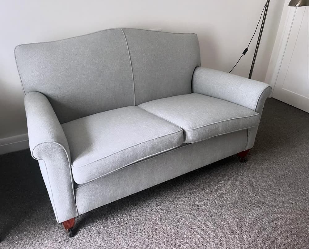 Light Grey Two-Seater Sofa with Rounded Arms — Metreson Upholstery In Unanderra, NSW