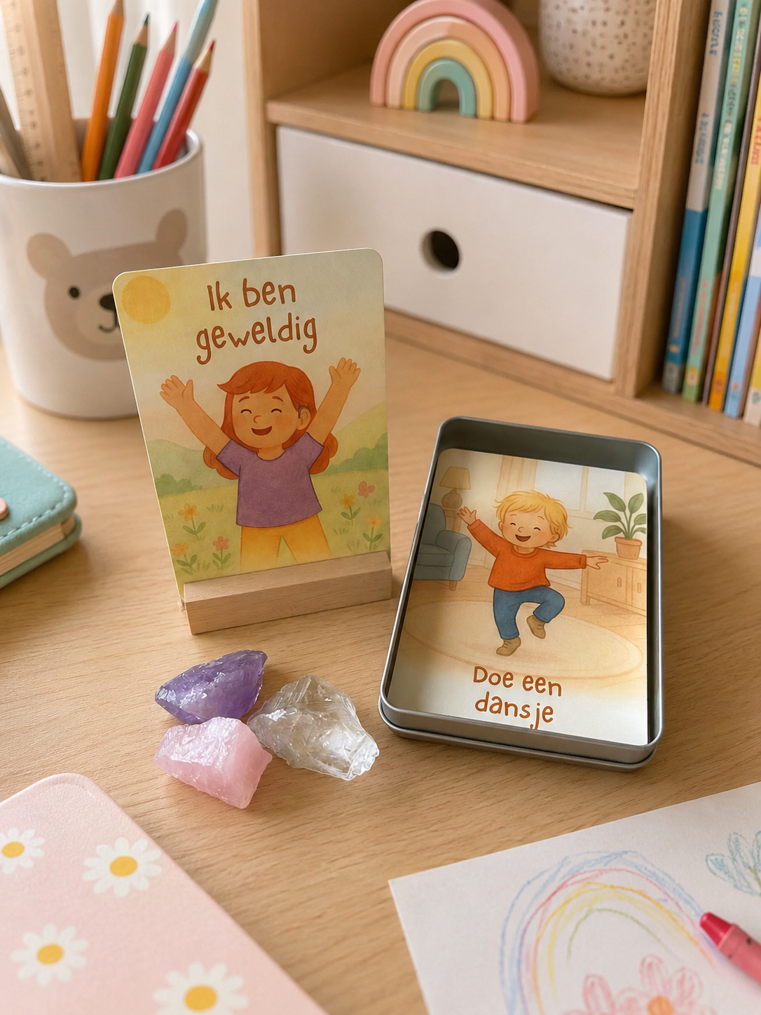 Klein houten bureau met een ingelijst cartoonportret, twee geïllustreerde kaarten, kristallen en een pennenhouder.