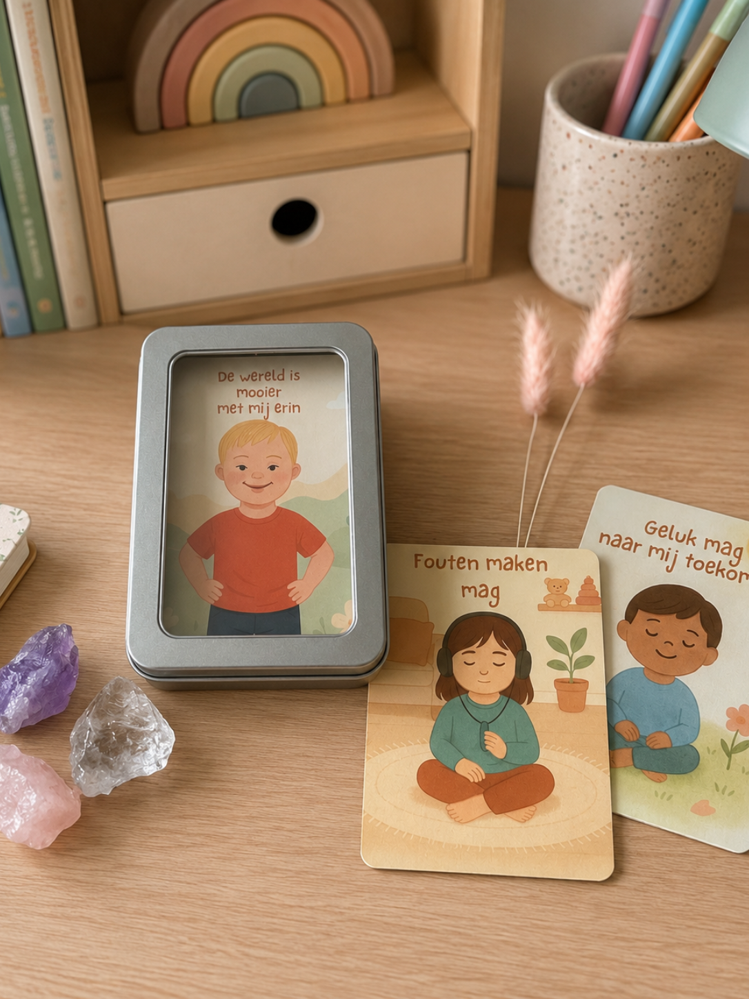 Klein houten bureau met een ingelijst cartoonportret, twee geïllustreerde kaarten, kristallen en een pennenhouder.