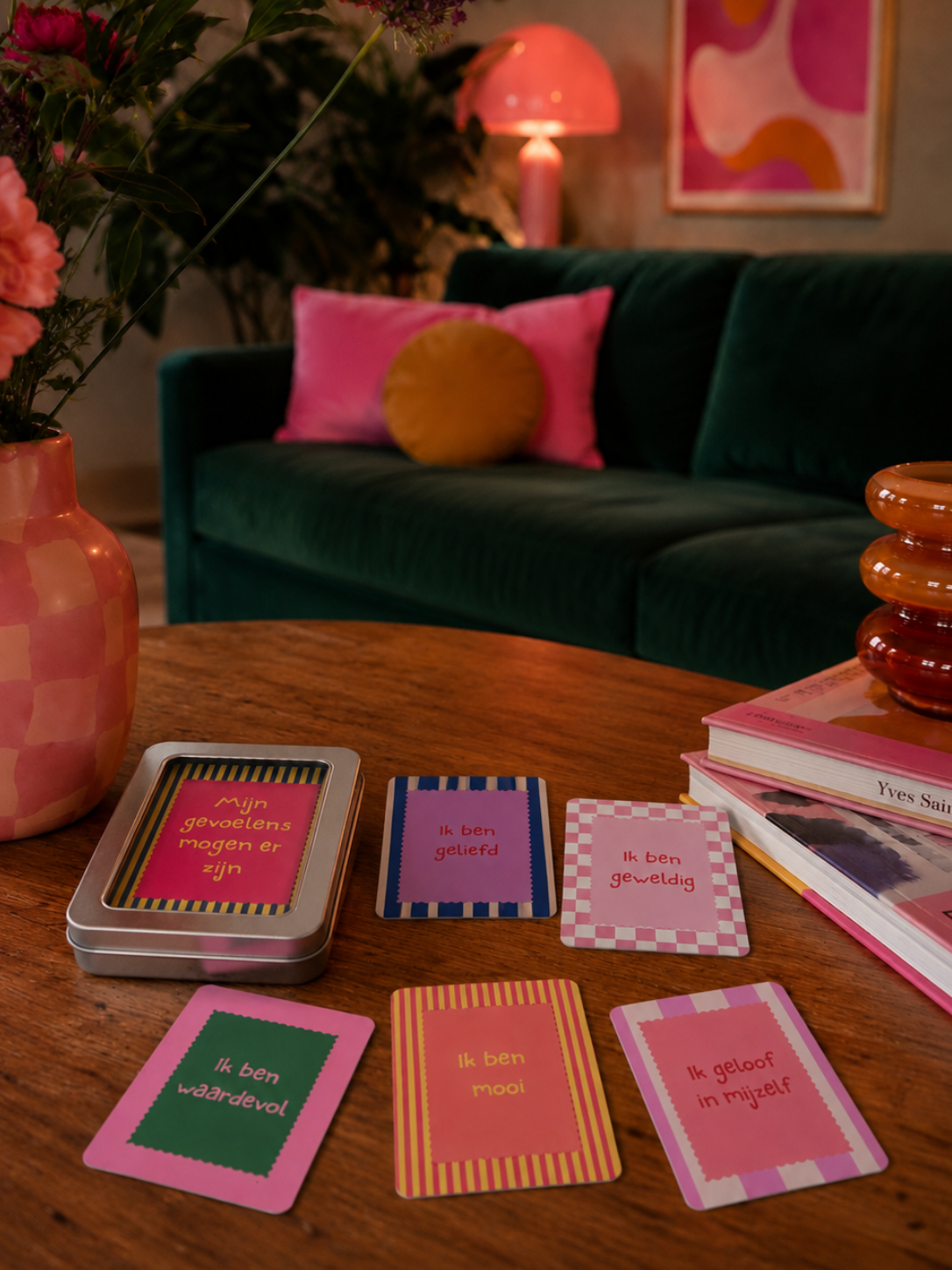 Kleurrijke affirmatiekaarten op een houten tafel in een gezellige woonkamer met een donkergroene bank en een roze lamp.