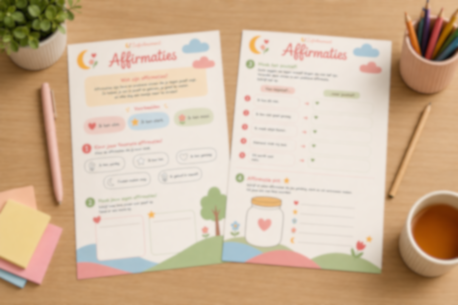 Twee pastelkleurige werkbladen met affirmaties op een bureau, samen met potloden, plakbriefjes en een kopje thee.