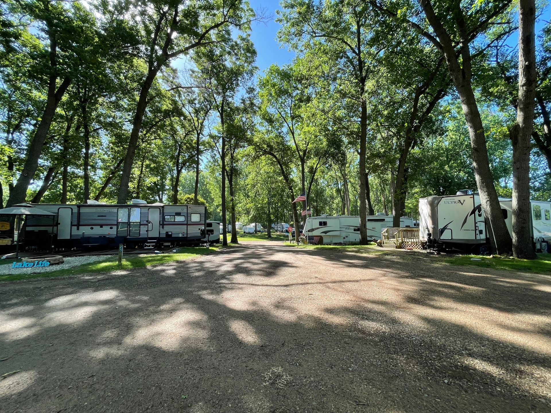 A row of rvs parked in a campground surrounded by trees.