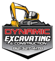 Dynamic Excavating & Construction logo with yellow excavator and phone number 812-327-4178