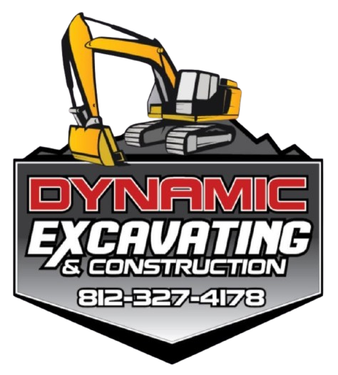 Dynamic Excavating & Construction logo with yellow excavator and phone number 812-327-4178