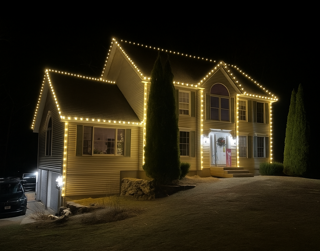 Two-story house at night outlined with warm string lights, with tall trees and lit front entrance