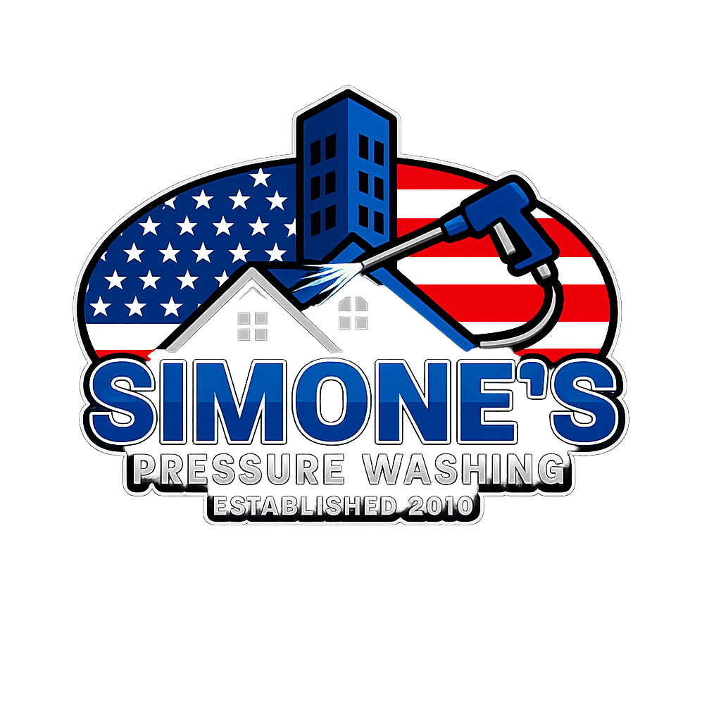 Simone's Pressure Washing logo with blue and orange text, house roof graphic, and phone number (603) 965-6124