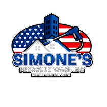 Simone's Pressure Washing logo with blue and orange text, house roof graphic, and phone number (603) 965-6124
