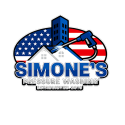 Simone's Pressure Washing logo with blue and orange text, house roof graphic, and phone number (603) 965-6124